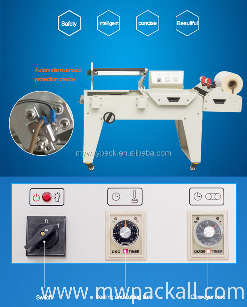 Semi automatic l bar heat shrink wrapping machine with shrink tunnel use pof,pvc and pe film